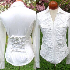 WHITE JACKET, S, COTTON w ZIP, RUCHED FRONT, CRISSCROSS TIE BACK, LINED